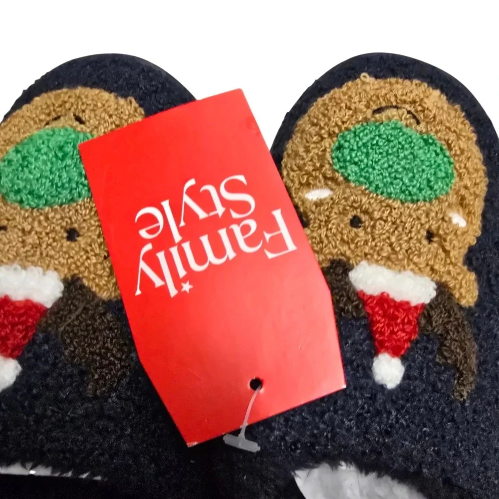 Family PJs Kids Reindeer Christmas Slippers Navy Blue Sherpa S 4-5 NWT